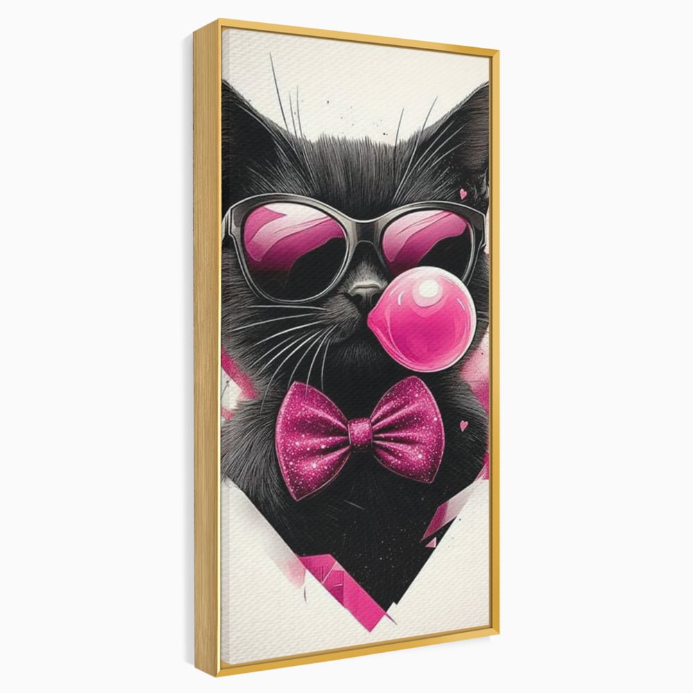 Tablou canvas cu ilustratie digitala cu pisica neagra, in rama de aluminiu auriu